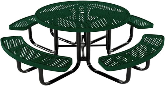 COATEDOUTDOORFURNITURE Heavy-Duty Portable Outdoor Kids Table with Umbrella Hole, Punched Steel Kids Picnic Table, Commercial-Grade, Made in America (46 in, Round, Childrens, Green)
