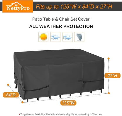 NettyPro Patio Table Cover Rectangular 125 x 84 Inch, Waterproof Outdoor Furniture Set Covers for Dining Table and Chair Rectangle, Black