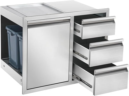 Outdoor Kitchen Drawer Combo, Stainless Steel Triple Drawer Cabinet with Built-in Trash Drawer & Two Trash Cans, 28" W x 22" H x 19.5" D Outdoor Kitchen Storage for BBQ Grill Islands