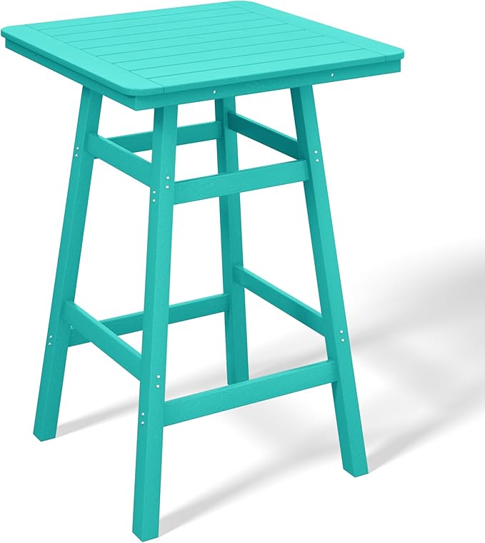 Costaelm Outdoor Bar Table, 42" Counter Height Square Patio Cocktail Bar Table with Umbrella Hole, Patio Bistro Dining Pub Table for Front Porch Deck Backyard Garden, Turquoise