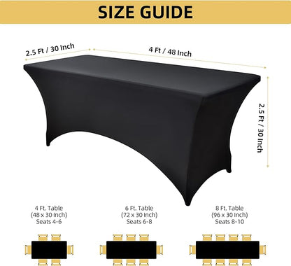 6-Pack 4ft Spandex Black Table Covers for Rectangular Folding Tables - Wrinkle Resistant Stretch Tight Table Cloths - Ultimate Fitted Table Protector for Parties, Trade Shows, and Wedding