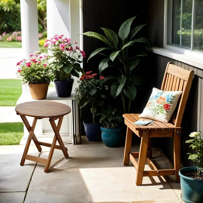 Outdoor Small Table Round Folding Side Table, Foldable Wooden End Table for Indoor, Porch, Patio, Camping as Coffee Table or Plant Stand, Brown ﻿
