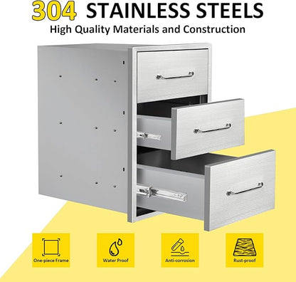 Outdoor Kitchen Drawers 15.7" W x 21.6" H x 17.7" D Flush Mount Triple BBQ Drawers with Chrome Handle Stainless Steel Drawer for Outdoor Kitchen Island, Patio Grill Station