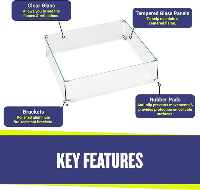 American Fireglass Tempered Glass Flame Guard for 12" Square Drop-in Fire Pit Pans | Outdoor Wind Guard with Aluminum Fire-Resistant Brackets & Non-Slip Feet | 17.5-inch x 17.5-inch x 6-inch