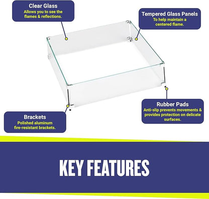 American Fireglass Tempered Glass Flame Guard for 12" Square Drop-in Fire Pit Pans | Outdoor Wind Guard with Aluminum Fire-Resistant Brackets & Non-Slip Feet | 17.5-inch x 17.5-inch x 6-inch