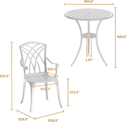 Patio Bistro Set 3 Piece, Cast Aluminum Bistro Set for 2 w/Umbrella Hole, Outdoor Table and Chairs Set of 2, Bistro Set for Balcony/Backyard/Garden, White