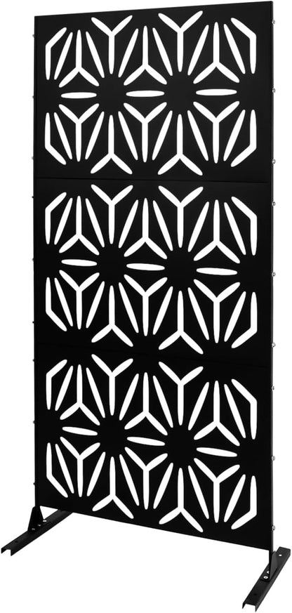 75" H×35" W Decorative Outdoor Privacy Screen with Stand, Outdoor Decor Privacy Fence Screen Metal Fence Panels, Free Standing Metal Divider for Patio Lawn Deck (Black-Flower)