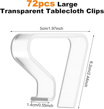 72pcs Large Transparent Tablecloth Clips, PVC Windproof Table Cover Holder Clamps for Indoor Outdoor Picnic, Wedding, Party, Camping