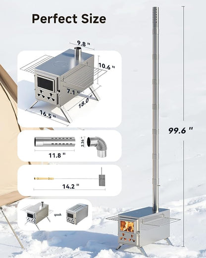 Hot Tent Wood Stove, Portable Camping Wood Burning Stove with 8 Stainless Chimney Pipes, Folding Wood Stove for Tent, Outdoor Heating, Cooking, Hunting, Ice Fishing