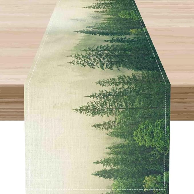 Forest Table Runner, Rustic Farmhouse Misty Pine Tree Woodland Jungle Mountain Country Coffee Table Center Decor for Kitchen Dining Patio Holiday Party Indoor Outdoor Table Decorations, 13"x90" Inch