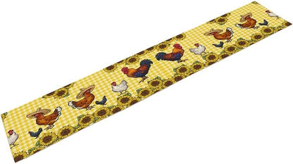 Farm Rooster Table Runner, Retro Western Farmhouse Chicken Sunflower Retro Yellow Buffalo Grid Print Table Runner for Dinning Holiday Party Indoor Outdoor Decor, 13x60inch
