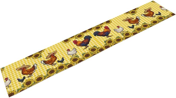 Farm Rooster Table Runner, Retro Western Farmhouse Chicken Sunflower Retro Yellow Buffalo Grid Print Table Runner for Dinning Holiday Party Indoor Outdoor Decor, 13x36inch