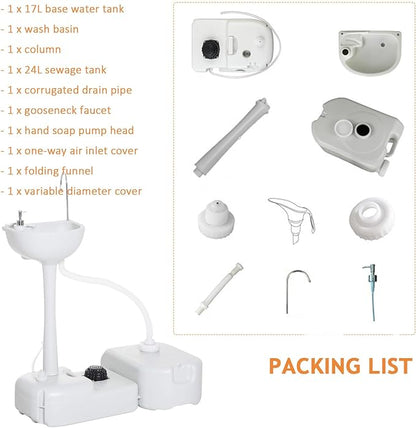 Portable Hand Washing Station, Camping Sink Wash Hand Basin with Wheels, Towel Holder & Soap Dispenser, for Outdoor Events, Gatherings, Garden, Worksite,Washbasin+24Lwatertank