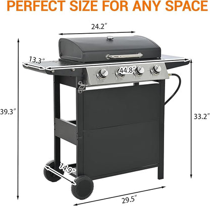 4-Burner Gas Grill with Side Burner & Cover, 51000 BTU Stainless Steel Outdoor BBQ Grill, 452 sq.in Cooking Area, Ideal for Backyard, Patio Large Gatherings
