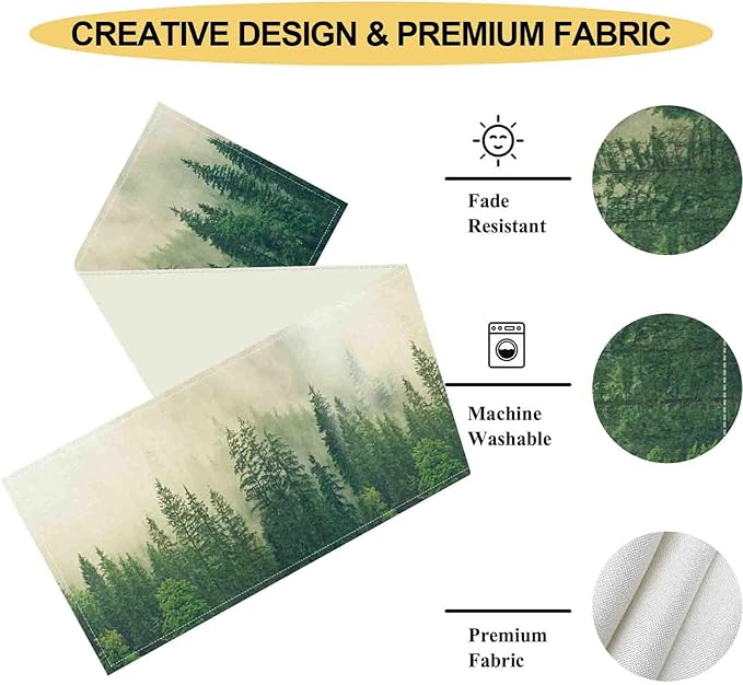 Forest Table Runner, Rustic Farmhouse Misty Pine Tree Woodland Jungle Mountain Country Coffee Table Center Decor for Kitchen Dining Patio Holiday Party Indoor Outdoor Table Decorations, 13"x108" Inch