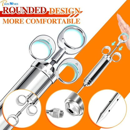 304-Stainless Steel Meat Injector Syringe Kit with 3 Marinade Needles for BBQ Grill Smoker, Turkey, Beef, Fish,Brisket, 2-oz Large Capacity, Silicone Brush and Cleaning Brush