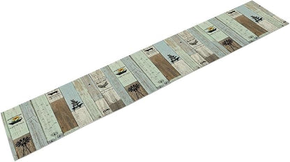 Rustic Farmhouse Table Runner, Vintage Country Blue Green Wooden Board Cow Chicken Pig Windmill Print Table Runner for Kitchen Dining Room Wedding Party Decor, 13x120inch