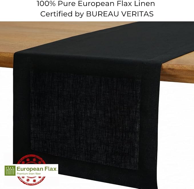D'Moksha Homes Linen Black Table Runner 132 Inches Long - 100% Pure Linen Extra Long Table Runner 14 x 132 Inch for Winter, Holiday - Machine Washable
