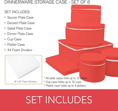 LAMINET 6 Piece Quilted Dinnerware Storage Starter Set - Includes 4 Plate Cases, 1 Cup Case & Platter Case - RED
