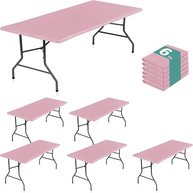 LUSHVIDA 6 Packs Vinyl Tablecloths with Flannel Backing for 8ft Rectangle Folding Table Cloths - Waterproof Plastic Picnic Table Covers with Elastic Corners, 30x96 inch, Pink