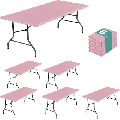 LUSHVIDA 6 Packs Vinyl Tablecloths with Flannel Backing for 8ft Rectangle Folding Table Cloths - Waterproof Plastic Picnic Table Covers with Elastic Corners, 30x96 inch, Pink