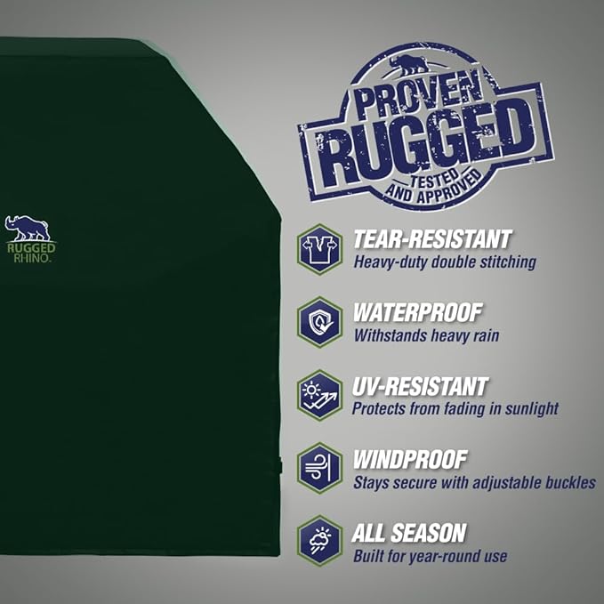 RUGGED RHINO 58 Inch Heavy Duty Grill Cover for Outdoor Grills, All Season Three Layer Waterproof UV Resistant Windproof Gas BBQ Covers, Compatible for Weber Char-Broil Pit Boss Traeger and More Green