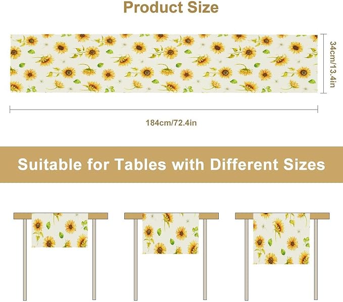 Yellow Sunflower Table Runner, Seasonal Spring Summer Flowers Table Decor for Kitchen Dining Room Coffee Holiday Kitchen Dining 13x36in