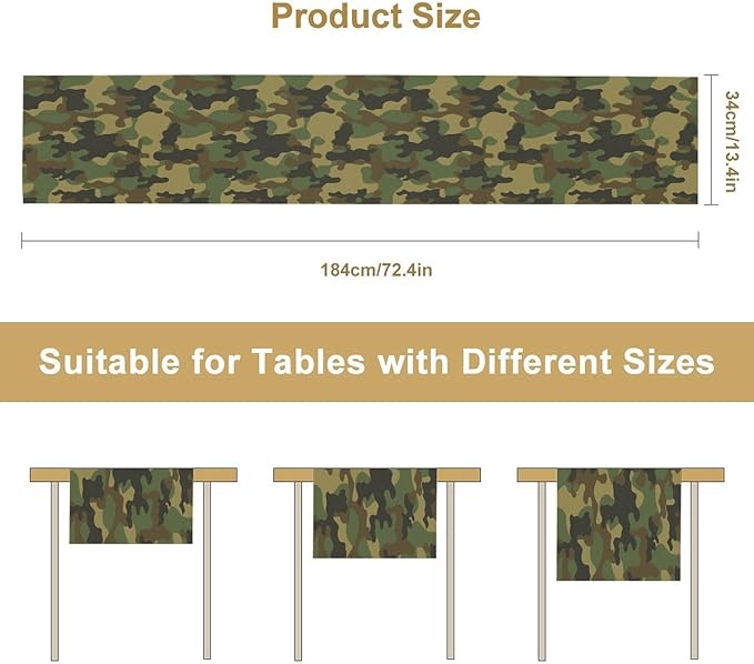 Camo Table Runner, Military Camouflage Coast Guard Force Soldier Hunting Themed Table Runner for Holiday Birthday Party Home Kitchen 13x120in