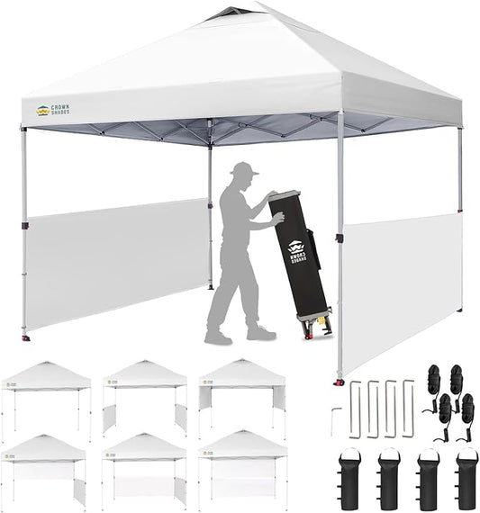 CROWN SHADES 10x10 Pop up Canopy Tent Instant Canopy with 150D Silver Coated Fabric Including 2 Half Sidewalls, 4 Ropes, 8 Stakes, 4 Weight Bags, STO 'N Go Bag, Grid White