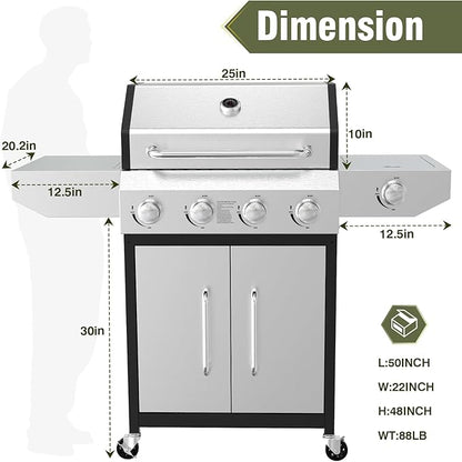 BESTFIRE 60,000 BTU 4+1 Burner Propane Gas Grill - 647 sq. inches Stainless Steel Outdoor BBQ with Porcelain-Enameled Cast Iron Grates, Side Burner & Storage Cabinet for Patio and Backyard Cooking