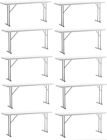 BTEXPERT 6-Foot - 72" Long White Plastic Folding Seminar Training Table Portable 18" Wide Narrow, 29" High, Events Indoor Outdoor Lightweight Set of 10