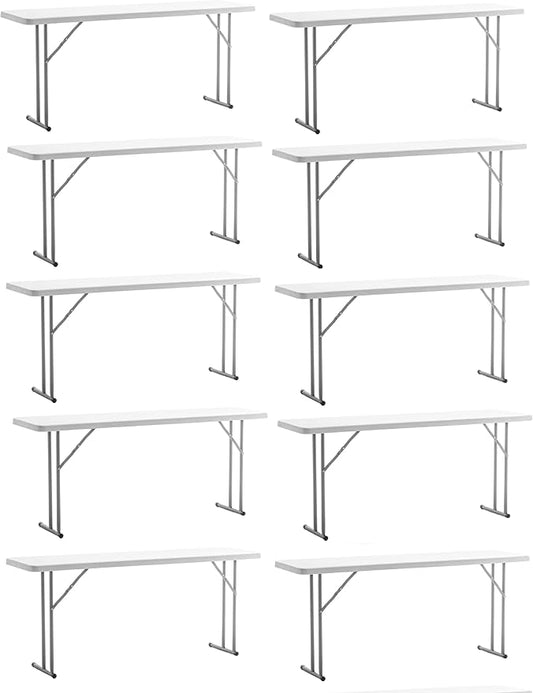 BTEXPERT 6-Foot - 72" Long White Plastic Folding Seminar Training Table Portable 18" Wide Narrow, 29" High, Events Indoor Outdoor Lightweight Set of 10