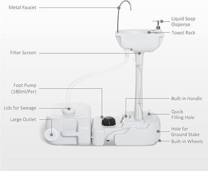 kleankin Portable Camping Sink, Handwashing Station Basin with 4.5 Gallon Tank, 6.3 Gallon Recovery Tank, Rolling Wheels & Soap Dispenser for RV, Outdoor Events, Gatherings, HDPE, White