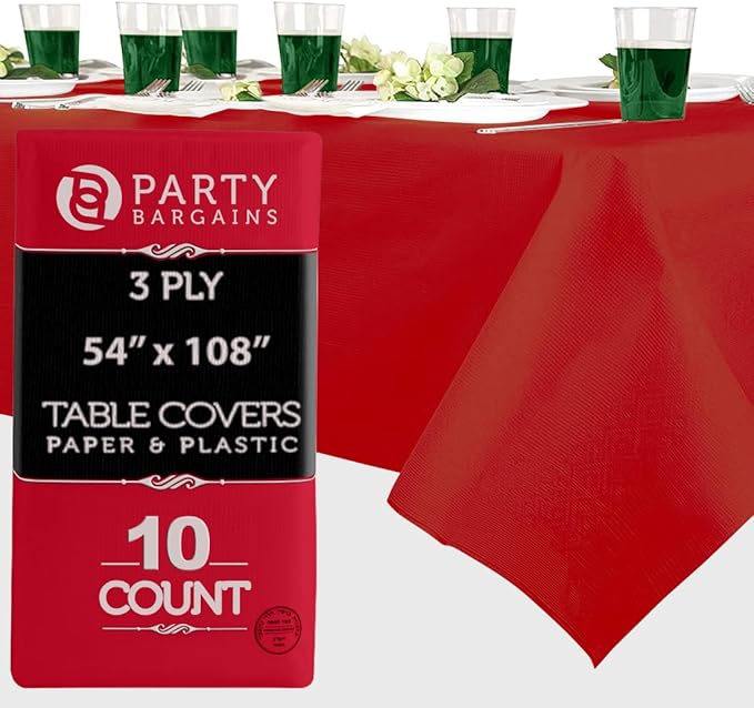 PARTY BARGAINS 10 Disposable Table Covers - 54" X 108" Real-Red Table Cover, 3 Ply Paper & Plastic Tablecloth