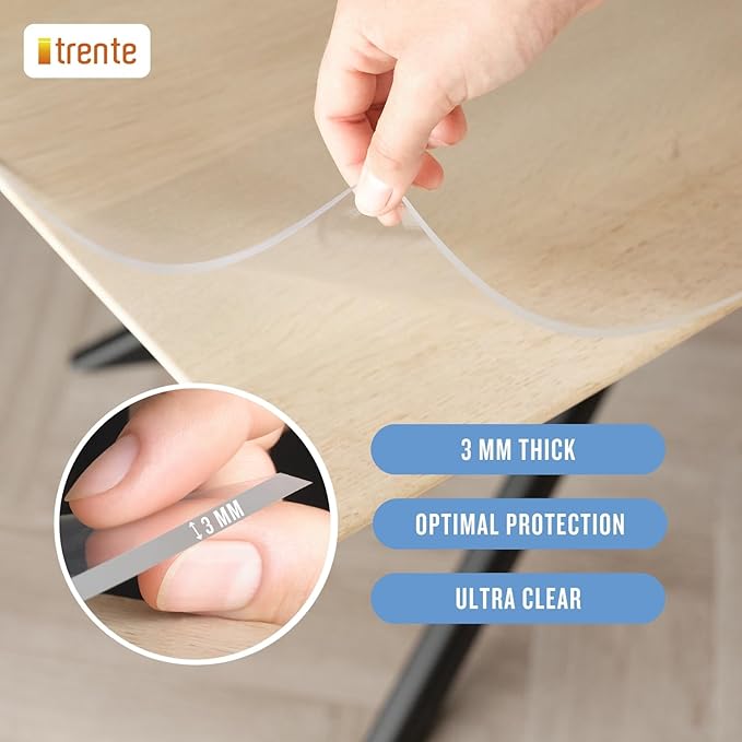 Clear Table Cover Protector, 32x60 inch , German Quality with 3 Mm Thickness, Stain Resistant Dining Pad with Beveled Edges, Washable Tablecloth, Fitted Clear Desk Cover for Indoor & Outdoor Use