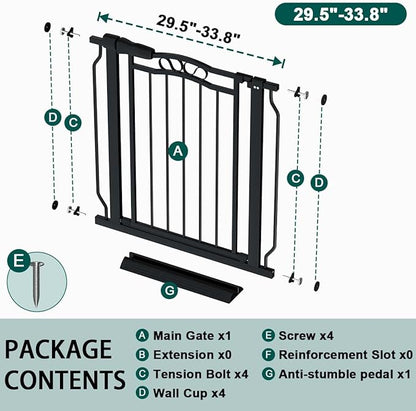 Fairy Baby 29.5"-33.5" Baby Gate for Doorways, Dog Gate for Stairs No Drill, Pressure Mounted Safety Pet Barrier with Arch Design, Auto Close Tension Metal Baby Gate with Door Indoor Outdoor, Black