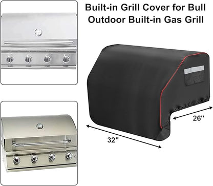 32inch Built-in Grill Cover for Bull 45005 Built in Gas Grill, Bull Outdoor Kitchen & Grill Head Cover, Heavy Duty Waterproof BBQ Grill Top Cover with Handle and Elastic Hem for Bull Lonestar 4 Burner