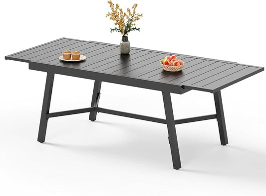 PHI VILLA Expandable Patio Dining Table Metal Outdoor Table for 6-8 Person Lawn Garden Bistro Rectangular Table, with Adjustable Legs, Black