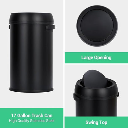 Commercial Grade Stainless Steel Kitchen Trash Can, 65L (17 Gallon) Heavy Duty Round Garbage and Recycling Bin with Fingerprint-Proof Swing Lid, Durable Indoor and Outdoor Use