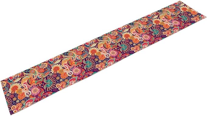 Purple Paisley Table Runner, Rustic Damask Antique Floral Flower Retro Boho Mandala Indian Bohemian Vintage Table Center Decor for Family Kitchen and Living Room Country Table Decorations, 13" X 72"