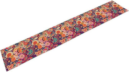 Purple Paisley Table Runner, Rustic Damask Antique Floral Flower Retro Boho Mandala Indian Bohemian Vintage Table Center Decor for Family Kitchen and Living Room Country Table Decorations, 13" X 108"