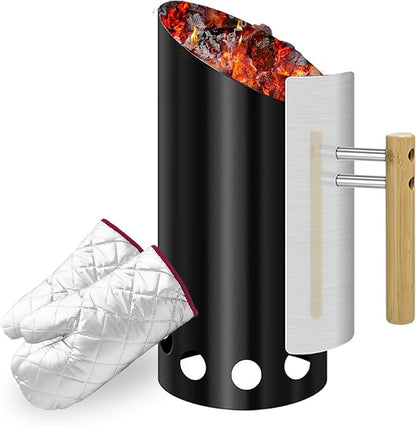 Charcoal Chimney Starter with Insulation Gloves Double Enameled BBQ Starter, 2PCS barbrcue Gloves for Charcoal Grill with Heat Shield & Rubber Wood Handle Great Heat Insulation and Easy Grip