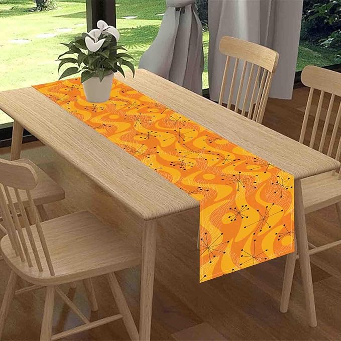 70s Table Runner, Retro Orange Wave Mid Century Atomic Print Abstract Hippie Coffee Table Center Decor for Home Kitchen Dining Patio Holiday Party Indoor Outdoor Table Decorations, 13"x72" Inch
