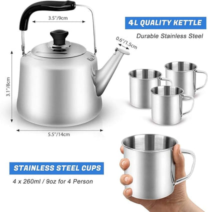 Odoland 4L Camping Kettle Set with 4 Cups, Durable Stainless Steel Camp Tea Coffee Water Pot with 4 Mugs for Hiking, Backpacking, Outdoor Camping and Picnic, Carrying Bag Included