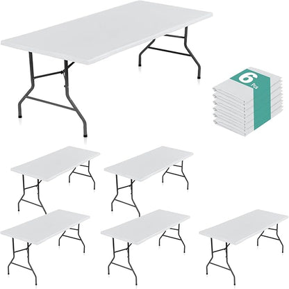 LUSHVIDA 6 Packs Vinyl Tablecloths with Flannel Backing for 4ft Rectangle Folding Table Cloths - Waterproof Plastic Picnic Table Covers with Elastic Corners, 30x48 inch, White