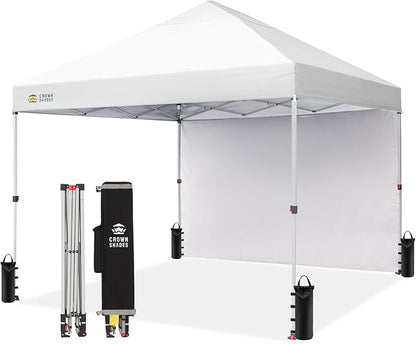 CROWN SHADES 8x8 Pop Up Canopy with 1 Side Wall - Beach Tent with One Push Setup - Outdoor Sun Shade for Events, Parties, Camping - Gazebo with STO-N-Go Cover Bag (White)