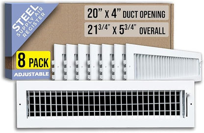[8 Pack] Fits 20x4 Duct Opening Steel Adjustable Air Supply Grille by Handua | Register Vent Cover Grill for Sidewall and Ceiling | White | Out. Dim.: 21.75" X 5.75"