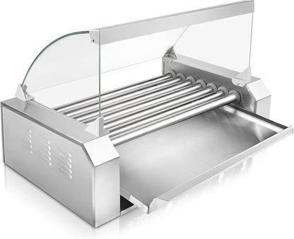 Olde Midway Electric 18 Hot Dog 7 Roller Grill Cooker Machine with Cover 900-Watt - Commercial Grade