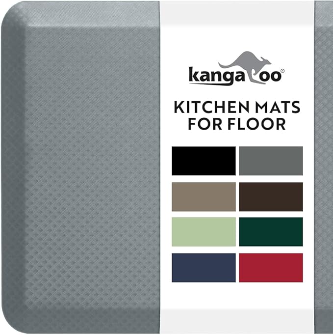 KANGAROO Thick Ergonomic Anti Fatigue Mats for Kitchen Floor, 48x20, Cushioned Standing Office Desk Mat, Waterproof Scratch Resistant Topside, Supportive All Day Comfort Padded Foam Rugs, Gray
