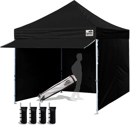 Eurmax USA 10 x 10 Pop up Canopy Commercial Tent Outdoor Party Canopies with 4 Removable Zippered Sidewalls and Roller Bag Bonus 4 Canopy Sand Bags & 24 Squre Ft Extended Awning(Black)